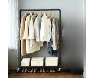 FURNOLD Metal Clothes Rack Rail On Wheels With Storage Shelf