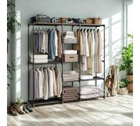 FURNOLD Metal Clothes Rail Open Wardrobe With Storage Shelves Black