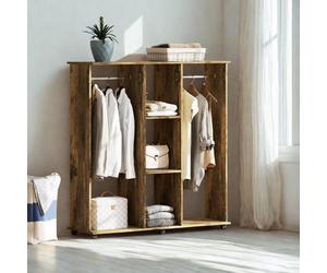FURNOLD Open Wardrobe Clothes Rail With Storage Shelves On Wheels Rustic