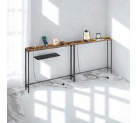 FURNOLD Set Of 2 Industrial Console Table With Charging Station Rustic Brown