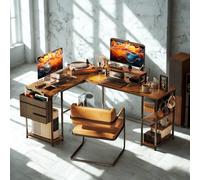 FURNOS Industrial Large Adjustable L Shaped Computer Desk in Brown FURNOS Brown