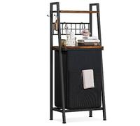 Furnulem 2 Tiers Laundry Hamper with Wooden Shelf and Hooks, Vertical Laundry Basket with Pull-Out and Removable Bag, Clothes Hamper with Divided Bag for Bathroom, Bedroom, Dorm