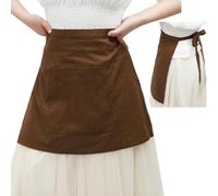 FURPHI Medieval Half Apron with Pockets Renaissance Linen Waist Aprons Vintage Maid Waiter Costume, Brown, Standard