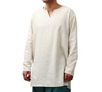 FURPHI Medieval Linen Tunic Long Sleeve Undershirts Renaissance Cosplay Costume for Men, Ivory, L