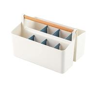 FURREN 2 Pack Pen Holder Desk Caddys with Wooden Handle Art Crafts Storage Organizer with Adjustable Compartment (White/Blue)