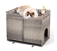 Furriends Cat Litter Box Enclosure with 2 Mats, Handwoven Rattan Hidden Litter Box Furniture Large 30.3”L x 18.2”W x 24.2”H, Double as Indoor Cat House or Side Table for Living Room Hallway, Ash