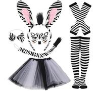 Furry Animal Costume Set, 7Pcs Zebra Carnival Costumes Suit Zebra Ears Headband Tail Bow Tie Tutu Skirt Face Sticker, Socks & Gloves Girls Women Fancy Dress for Carnival Cosplay Halloween Party
