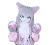 Furry Animal Headgear And Gloves Fursuit Comic Con Artificial Stuffed Mask For Cosplay Halloween Party(A)