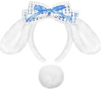 Furry Bunny Ears Headbandand Tail Set, Plush Rabbit Puppy Dog Ears Head Band for Women Kawaii Cute Lace Bowknot Headwear Cosplay Costume(White)