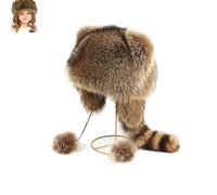 Furry Cartoon Racoon Hat with Earflap Tail for Halloween Headwear Long Haired Hat Oversized Headgear for Winter (Adult)
