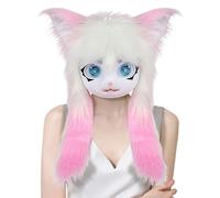 Furry Cat Head, Animal Masque Costume, Cosplay Prop Masks, Realistic Long Hair Design, Big Eyes Facial Detail, Ideal for Halloween Party, Anime Convention, Masquerade, 60x40cm Black White Pink Blue