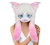 Furry Cat Head, Realistic Animal Cosplay Helmet System, Black White Long Hair Big Eye Costume Headpiece with Soft Plush Finish, Detailed Character Costume Prop, Anime Party for Theater Events