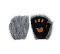 Furry Cat Paw Gloves Mittens Plush Fingerless Dog Bear Wolf Paws Gloves Men Women Faux Fur Werewolf Costume Accessories Halloween Cosplay Party Fuzzy Half Finger Winter Warm Mitts (Grey, One Size)
