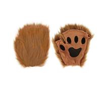 Furry Cat Paw Gloves Mittens Plush Fingerless Dog Bear Wolf Paws Gloves Men Women Faux Fur Werewolf Costume Accessories Halloween Cosplay Party Fuzzy Half Finger Winter Warm Mitts (Brown, One Size)
