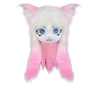 Furry Cosplay Heads | Animal Cat Head Masque with Big Eyes Long Hair,Realistic Plush Headwear Costume Props for Cosplay Theatre Performance Anime Convention Party Halloween Women Men