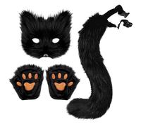 Furry Costume Faux Fur Fox Tail Fluffy Cat Wolf Cosplay Costume Plush Mask Paw Gloves Set Furry Fox Wolf Cosplay Set Adult Cat Halloween Christmas Party Animal Party Costumes For Women Men (BK)