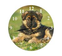 Furry Dog Wall Clock Friend Pet Animal German Shepherd Puppy Lying On The Lawn Round Clocks Wall Decorative Silent No Ticking 10 inch 25cm PVC Rustic Modern for Bedroom