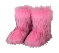 Furry Faux Fur Boots for Women Colourful Winter Warm Soft Plush Snow Boots Fuzzy Fluffy Round Toe Suede Flat Shoes Outdoor Indoor Mid-Calf Boot Pink