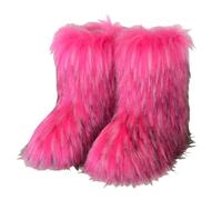Furry Faux Fur Boots for Women Colourful Winter Warm Soft Plush Snow Boots Fuzzy Fluffy Round Toe Suede Flat Shoes Outdoor Indoor Mid-Calf Boot Hot Pink