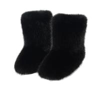 Furry Faux Fur Boots for Women Colourful Winter Warm Soft Plush Snow Boots Fuzzy Fluffy Round Toe Suede Flat Shoes Outdoor Indoor Mid-Calf Boot Black
