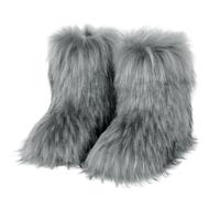 Furry Faux Fur Boots for Women Colourful Winter Warm Soft Plush Snow Boots Fuzzy Fluffy Round Toe Suede Flat Shoes Outdoor Indoor Mid-Calf Boot Grey