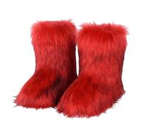 Furry Faux Fur Boots for Women Colourful Winter Warm Soft Plush Snow Boots Fuzzy Fluffy Round Toe Suede Flat Shoes Outdoor Indoor Mid-Calf Boot Red