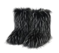 Furry Faux Fur Boots for Women Colourful Winter Warm Soft Plush Snow Boots Fuzzy Fluffy Round Toe Suede Flat Shoes Outdoor Indoor Mid-Calf Boot Dark Grey