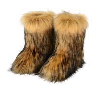 Furry Faux Fur Boots for Women Colourful Winter Warm Soft Plush Snow Boots Fuzzy Fluffy Round Toe Suede Flat Shoes Outdoor Indoor Mid-Calf Boot Brown