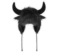Furry Faux Fur Horn Hats Animal Trapper Hat for Women Men Cow Ox Buffalo Ears Winter Warm Hat with Earmuff Devil Horn Beanies Cap for Halloween Festival Carnival Cosplay (UK, Alpha, One Size, Black)
