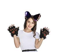 Furry Fox Cat Ears Headband Paw Gloves Set, Men Women Halloween Costume Faux Fur Bear Wolf Claw Gloves Light Up Hairband Cosplay Party Dress Up Props Christmas Party Headwear Supplies