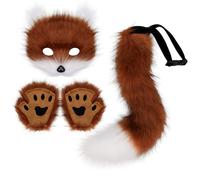 Furry Fox Wolf Tail & Mask Combo - Therian Gear with Paws, Great for Anime Costume Party, Halloween, Christmas Cosplay, Adults Suitable (Red brown white)