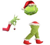 Furry Green Arm Head for Christmas Tree Decorations,Christmas Elf Body Decorations Stole Christmas,Furry Plush Doll Green Grinch Arm Ornament Holder for Christmas Party (3pcs)