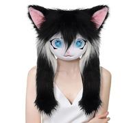 Furry Head - Big Eyes Long Hair Cat Full Head Masque,Realistic Plush Headwear Costume Props for Cosplay Theatre Performance Anime Convention Party Halloween Women Men