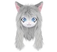 Furry Head, Cute Plush Fursuit Head with Big Eyes, Ears & Long Hair, Furry Costume for Halloween Masquerade Cosplay, Grey