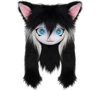 Furry Head Full Head Furry Mask with Big Eyes Furry Ears & Long Hair Animal Head Fursuit Mask Costume for Halloween Masquerade Cosplay Costume Props Black Fursuit Head Furry Head Cat Cosplay Furry Cos