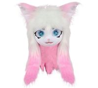 Furry Head, Full Head Furry Mask with Big Eyes, Furry Ears & Long Hair, Animal Head Fursuit Mask Costume for Halloween Masquerade Cosplay Costume Props, Style 2 Cat Cosplay Furry Costume Fursuit Head