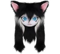 Furry Head Full Head Furry Mask with Big Eyes Furry Ears & Long Hair Animal Head Fursuit Mask Costume for Halloween Masquerade Cosplay Costume Props Black Furry Head Fursuit Head Cat Cosplay Furry Cos