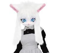 Furry Mask, Fursuit Head, Cartoonish Furry Mask with Ears & Long Hair, 16x24 Inch Head with Inner Headband, Animal for Halloween, Masquerade, White