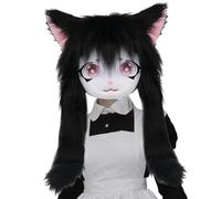 Furry Mask, Fursuit Head, Cartoonish Furry Mask with Ears & Long Hair, 16x24 Inch Head with Inner Headband, Animal for Halloween, Masquerade, Black