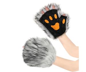Furry Paw Claw Gloves for Women Fluffy Animal Cat Wolf Bear Claw Gloves Plush Warm Half Finger Thermal Mittens Hairy Animal Paw Hand Warmer for Halloween Cosplay Party Costume Accessories Handwear