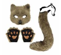 Furry Therian Mask And Tail, Faux Fur Animl Tail Cosplay Costume Set Plush Mask,Plush Ma sk Fluffy Paws Gloves, Halloween Christmas Party for Women