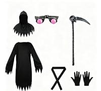 FurryDeli Transform into the Grim Reaper this Halloween with our Dark Messenger Ghost Costume: Complete with Red Eyes Glasses & Sleek Black Outfit for an Eerie Look!(A,L)