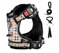 FURRYFECTION Plaid Dog Harness for Medium Dogs | No Pull Reflective Pet Harness | No Choke Adjustable Dog Vest Harnesses | with Leash | Easy Control Handle | Front Lead | Seat Belt | Beige&White | M