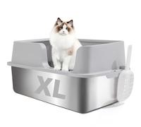 FURRYPAWS XL Stainless Steel Cat Litter Tray with Lid，50L Extra Large Metal Cat Litter Box for Big Cats ，61x41x30cm, High Sided Litter Tray, With Litter Scoop