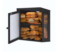 Furshus Corner Bread Box for Kitchen Countertop,Bread Storage for Homemade Bread, Double Layer Large Bamboo Kitchen Storage Bin with Window (Black, Medium)