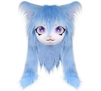 Fursuit Cat Head Mask, Blue Plush Realistic Furry Costume Head for Halloween, Cosplay & Masquerade Parties - Unisex Adult Size