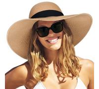 FURTALK Womens Sun Straw Hat Wide Brim UPF 80 Summer Hat Foldable Roll up Floppy Beach Hats for Women, Khaki+Black Ribbon, L-XL