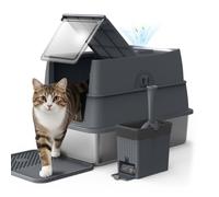 FURTIME Cat Litter Box XXL Stainless Steel Cat Litter Tray, 58x38x38cm