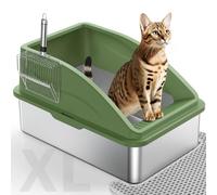 FURTIME Stainless Steel Cat Litter Tray Green with Detachable Enclosure, 31cm High Sided Cat Litter Box Anti-Spillage and 60cm Extra Large Litter Tray with Lid for All Cats, with Litter Scoop & Mat