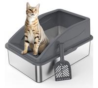 FURTIME Stainless Steel Cat Litter Tray Grey with Detachable Enclosure, 26cm High Sided Cat Litter Box Anti-Spillage and 58cm Extra Large Litter Tray for All Cats, with Litter Scoop, 58x37x26cm